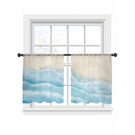 Ocean Beach Sheer Curtains 2 Panels Set Gradient Blue Ocean Waves Beige Beach Sheer Window Curtains Light Filtering Rod Pocket Voile Drapes for Bedroom Living Room 52"x54"