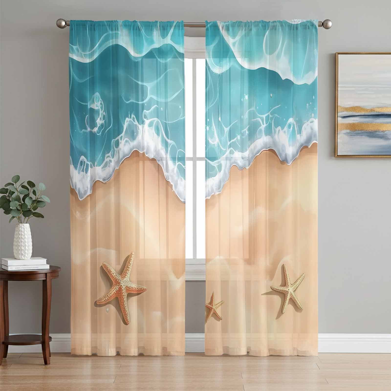 Ocean Beach Sheer Curtains 63 Inch Length 2 Panels Set, Starfish Sea ...