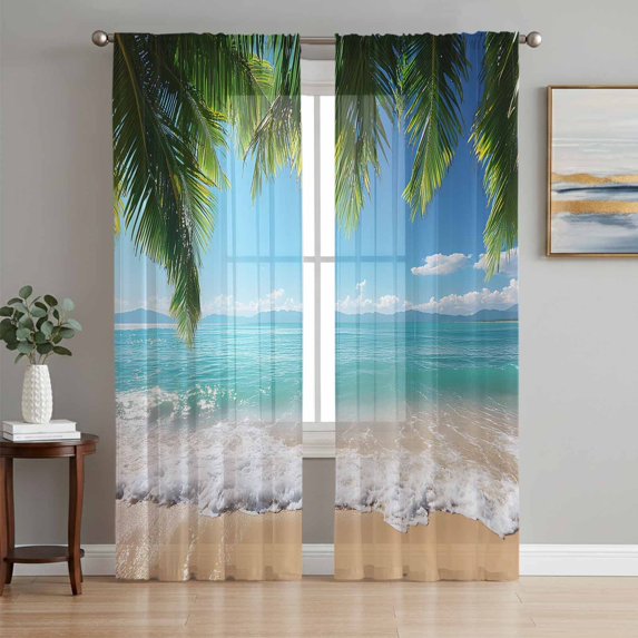 Ocean Beach Sheer Curtains 72 Inch Length 2 Panels Set, Palm Trees Summer Tropical Island Seaside Voile Window Treatment Rod Pocket Curtains Sheers Drapes for Bedroom/Living Room/Kitchen 52"x72"x2