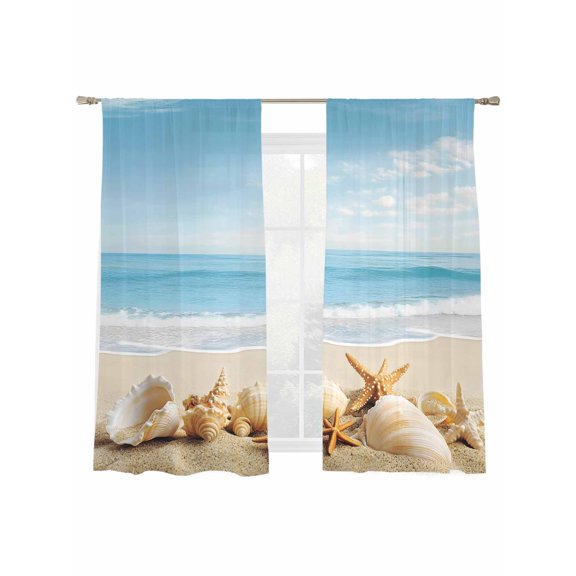 Ocean Beach Sheer Curtains 72 Inch Long 2 Panels, Blue Sky Starfish Shell Light Filtering Rod Pocket Curtains, Sheer Voile Drapes for Living Room Bedroom, 52"x72"