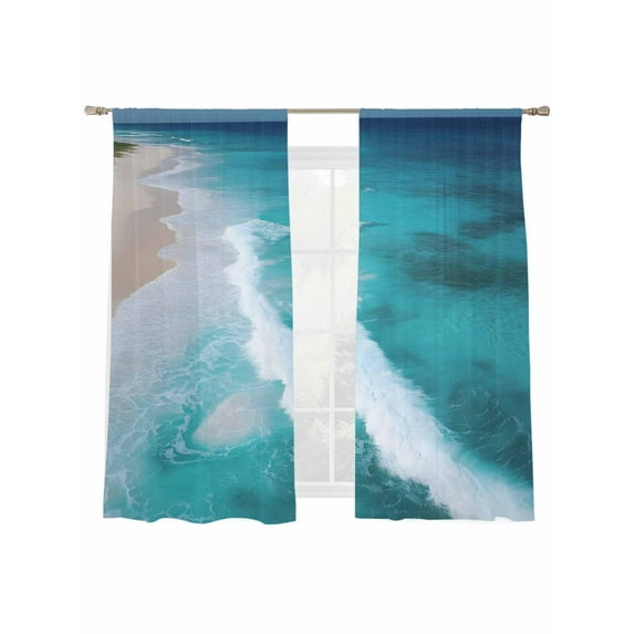 Ocean Beach Sheer Curtains 72 Inch Long 2 Panels, Minimalist Summer Sea Waves Light Filtering Rod Pocket Curtains, Sheer Voile Drapes for Living Room Bedroom, 52"x72"