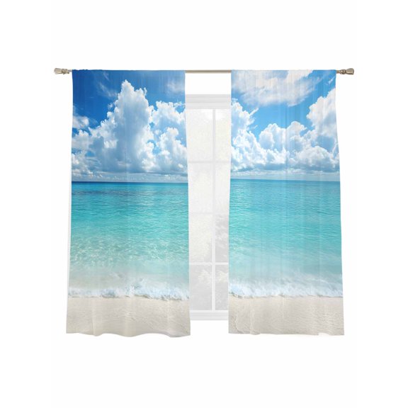 Ocean Beach Sheer Curtains 72 Inch Long 2 Panels, Nature Summer Sky Cloud Light Filtering Rod Pocket Curtains, Sheer Voile Drapes for Living Room Bedroom, 52"x72"