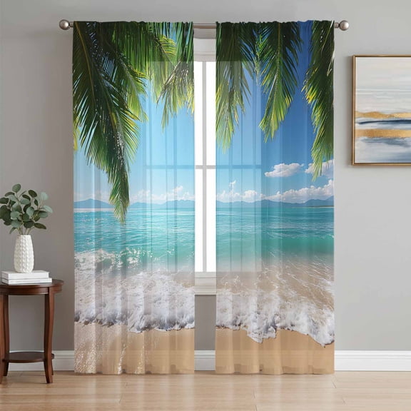 Ocean Beach Sheer Curtains 84 Inch Length 2 Panels Set, Palm Trees Summer Tropical Island Seaside Voile Window Treatment Rod Pocket Curtains Sheers Drapes for Bedroom/Living Room/Kitchen 52"x84"x2