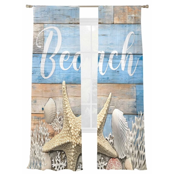 Ocean Beach Sheer Curtains 96 Inch Long 2 Panels, Starfish Shell Coral Blue Brown Wood Grain Farm Light Filtering Rod Pocket Curtains, Sheer Voile Drapes for Living Room Bedroom, 52"x96"