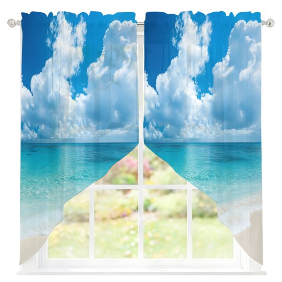 Ocean Beach Sheer Curtains Swag Valances for Windows Summer Nature Sea Sky Cloud Scenery Rod Pocket Swag Curtain Small Window Curtain for Kitchen Living Room Bedroom, 1 Pair 36"W x 36"L