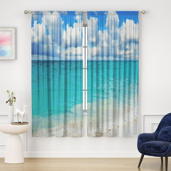Ocean Beach Sheer Curtains - Tropical Sea Seaside Scenery Decor Blue Sky Sunshine Decoration for Bedroom Dining Living Room Transparent Voile Rod Pocket Window Drapes 2 Panel Set, 52"x84"