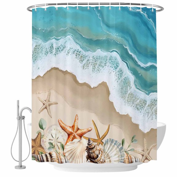 Ocean Beach Shell Starfish Fabric Shower Curtain Wave Marine Life Washable Shower Curtains for Bathroom, Waterproof Bath Curtain with Hooks Home Decor 72x84in