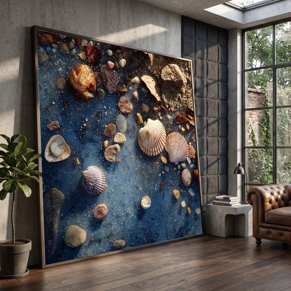 Ocean Beach Shells Coastal Wall Art Seashell And Pebble Decor Nautical Home Decoration Natural Beach Landscape Art, Unframed Paper Print