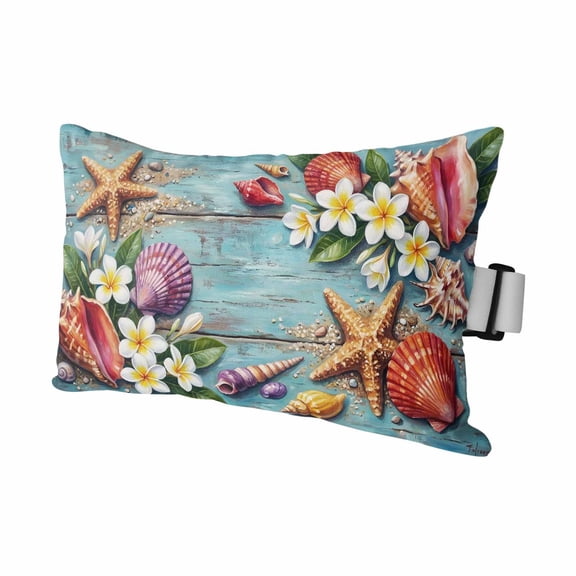 Ocean Beach Shells Outdoor Pillows for Chaise Lounge Chair Waterproof Lumbar Pillows with Insert&Adjustable Strap Beach Headrest Pillow Sea Starfish Conch Floral Leaves Wood Blue Pool Pillow 11"x16"
