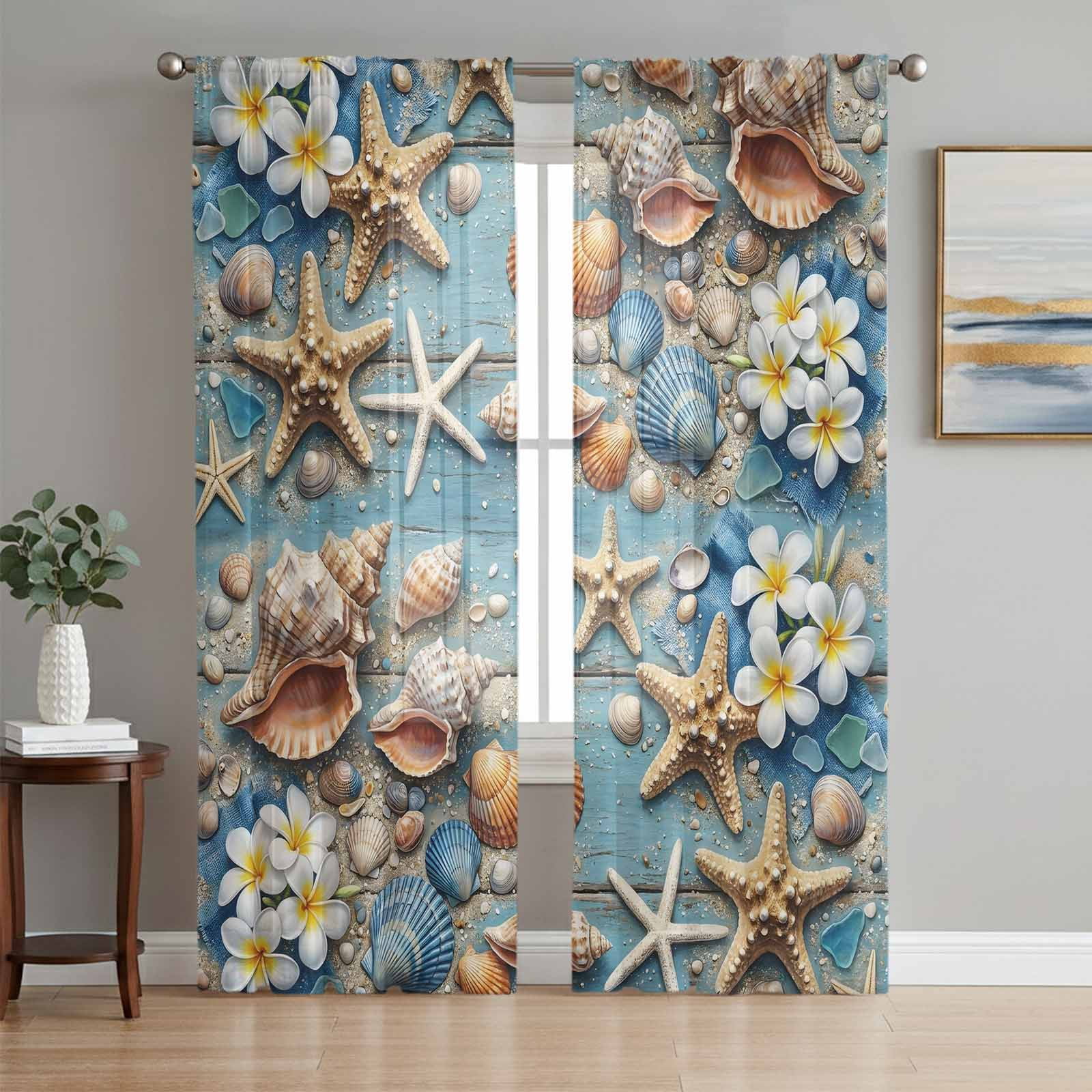 Ocean Beach Shells Sheer Curtains 63 Inch Length 2 Panels Set, Vintage ...