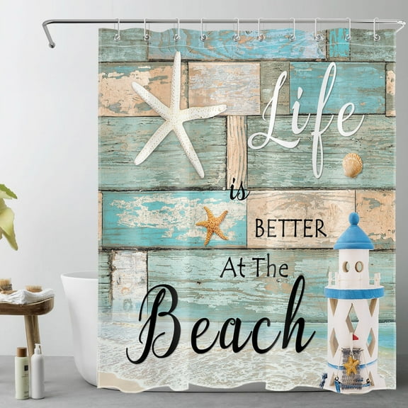 Ocean Beach Shower Curtain for Bathroom,Funny Quotes Starfish and Lighthouse Nautical Theme Fabric Shower Curtain with Hooks,Farmhouse Vintage Rustic Wood Bathroom Curtains Shower Set, 60x72 inches