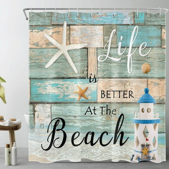 Ocean Beach Shower Curtain for Bathroom,Funny Quotes Starfish and Lighthouse Nautical Theme Fabric Shower Curtain with Hooks,Farmhouse Vintage Rustic Wood Bathroom Curtains Shower Set, 69x70 inches