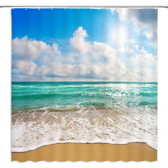 Ocean Beach Shower Curtain Blue Sky Tropical Sea Waves White Cloud Seaside Landscape Hawaii Summer Nature Scenery Bath Curtain with Plastic hooks