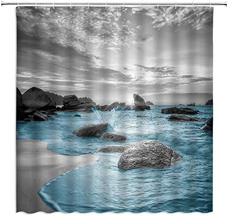 Ocean Beach Shower Curtain Gray Teal Tropical Sea Coastal Seaside ...