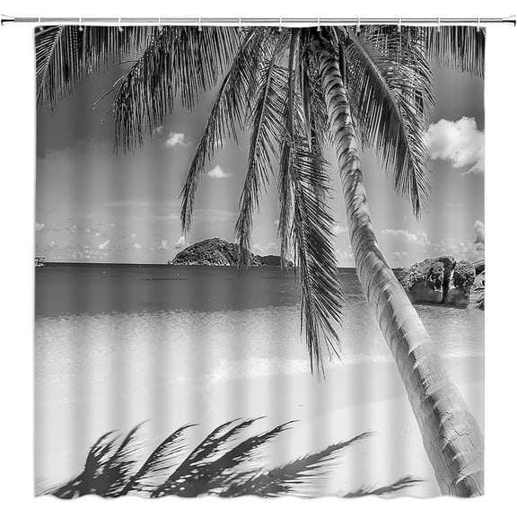 Ocean Beach Shower Curtain Grey Tropical Palm Tree Sea Summer Seaside Landscape Hawaii Nature Seascape Bath Curtain with Plastic hooks