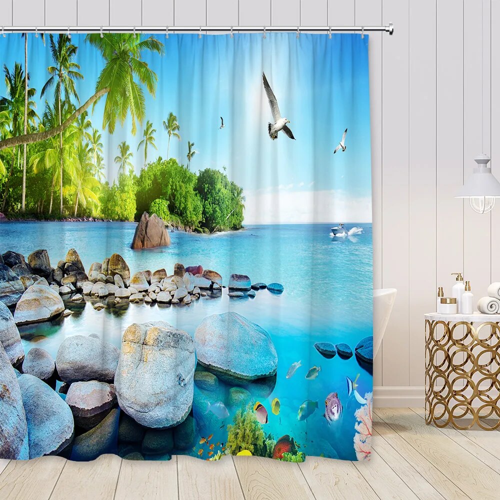 Ocean Beach Shower Curtain Island Sea Waves Palm Trees Tropical Plants