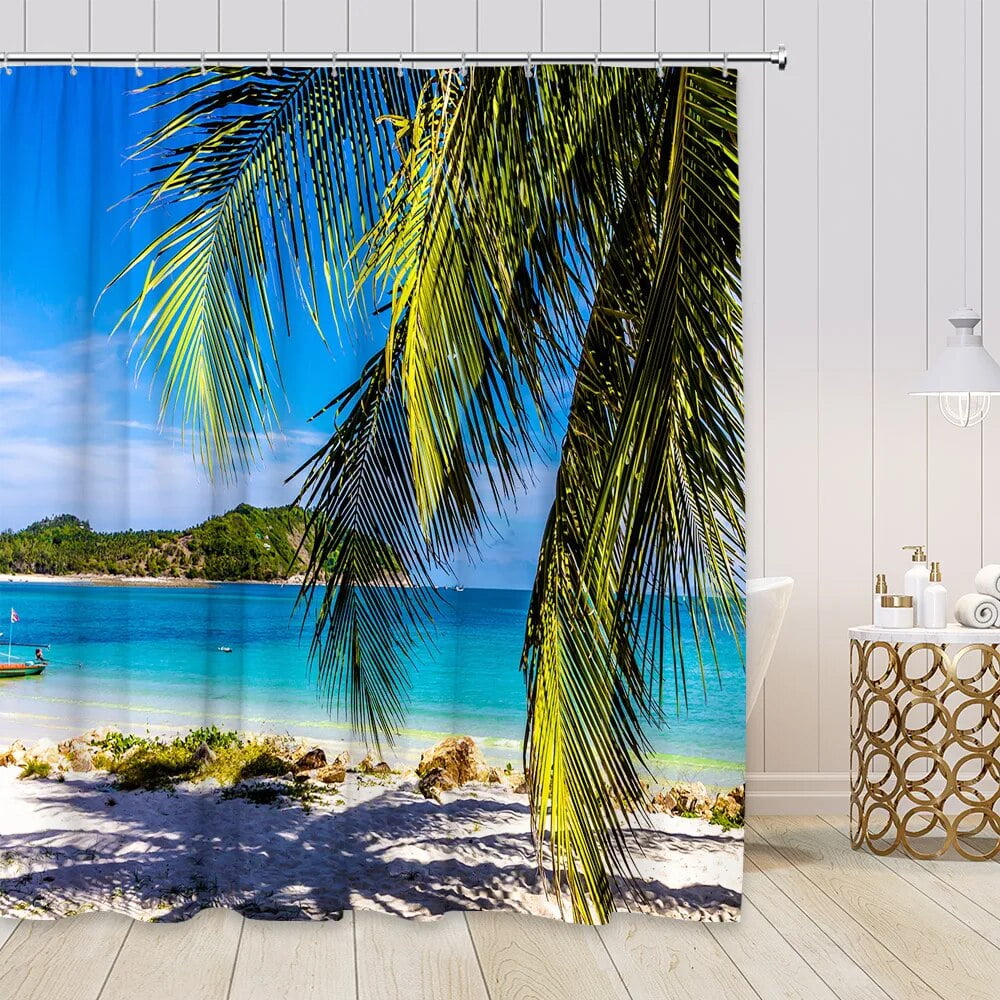 Ocean Beach Shower Curtain Island Sea Waves Palm Trees Tropical Plants