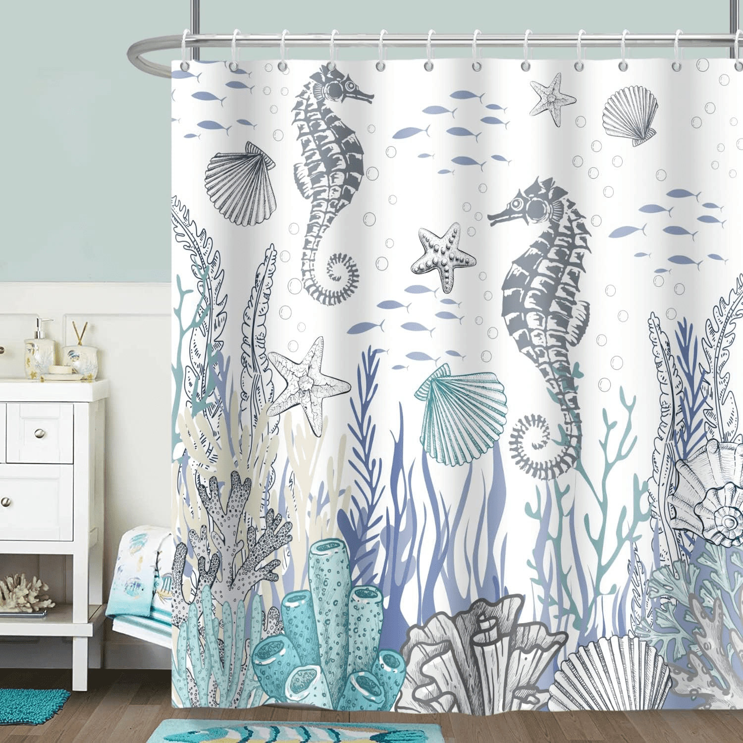 Beach Theme Shower Curtain Nautical Coastal Bathroom Curtain Teal Ocean