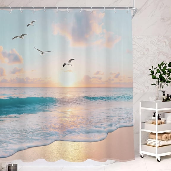 Ocean Beach Shower Curtain Pink Hawaiian Nautical Coastal Sunset Sunrise Bathroom Curtain Sea Birds Scenery Seaside Waves Nature Bathroom Accessories Decor Fabric with Hooks-72"W x 86"L (Pack of 1)