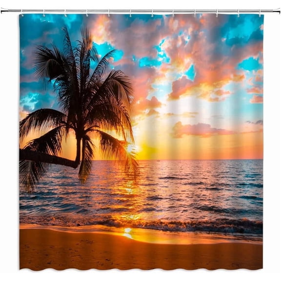 Ocean Beach Shower Curtain Plam Tree Sunset Sea Wave Tropical Summer Seaside Landscape Coastal Hawaiian Island Scenic Fabric Bathroom Sets with Hooks,Orange Blue-36"W x 72"L (Pack of 1)