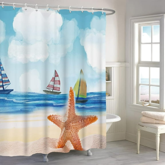 Ocean Beach Shower Curtain, Sea Starfish Sailboat Bathroom Curtain, Tropical Ocean Theme Blue Sky Shower Curtain Set with 12 Hooks for Bathroom 72Wx84L