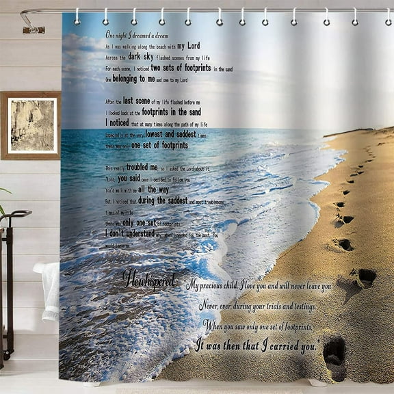 Ocean Beach Shower Curtain, Seaside Blue Sky White Cloud Sea Wave Seascape Inspirational Quotes Coastal Bathroom Decor, Waterproof Polyester Fabric Shower Curtain, 72x72 Inch, Footprints