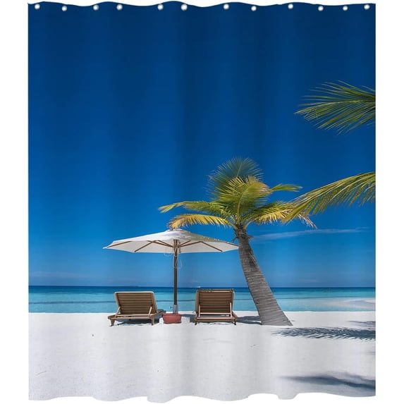 Ocean Beach Shower Curtain Seaside Coconut Tree Tourist Attractions Shower Curtains for Bathroom Decor, Waterproof Polyester Fabric Shower Curtain 72x72 Inch with 12 Hooks