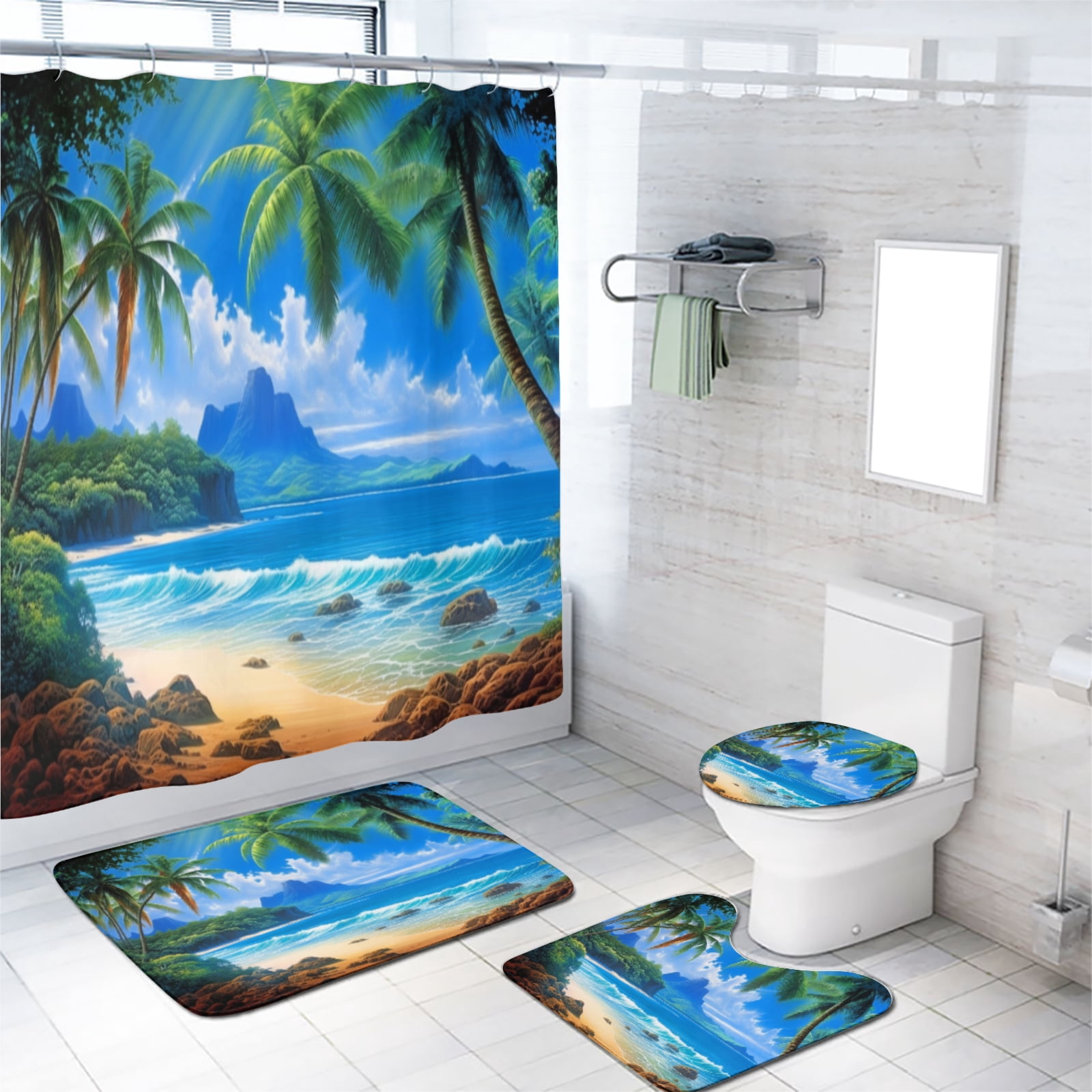 Ocean Beach Shower Curtain Set with Rugs for Bathroom Decor Sea Island Tropical Palm Leaf Seaside Landscape Bath Curtain for Bathroom Waterproof Fabric Bathroom Decor Set, 72x72 Inch