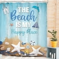 thumbnail image 1 of Ocean Beach Shower Curtain, Summer Coastal Starfish Nautical Shower Curtain, Rustic Blue Seashell Inspirational Quotes Wood Board Bathroom Decor 60Wx72H Bath Curtain Polyester 12 Pack Hooks, 1 of 16