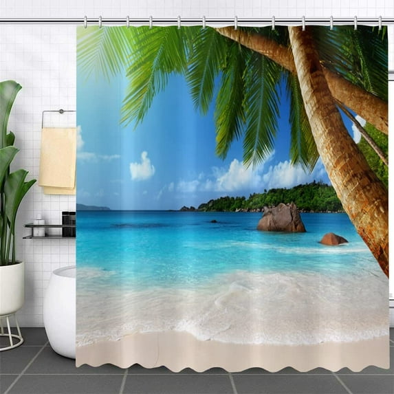 Ocean Beach Shower Curtain, Summer Seaside Tropical Paradise Blue Sky Palm Tree Island Bathroom Curtain Waterproof Fabric Machine Washable with 12 Hooks