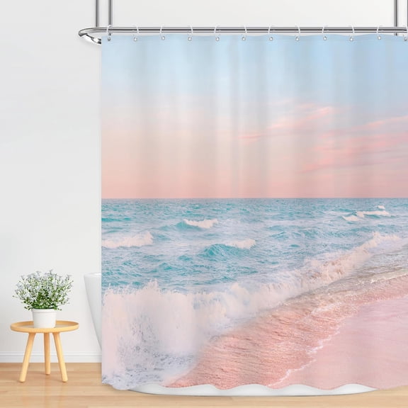 Ocean Beach Shower Curtain Sunrise Sea Waves Summer Coastal Sunset Hawaiian Scenic Pink Blue Sky Bathroom Set Seaside Landscape Nature Bathtub Accessories Home Decor 72"W x 96"L (Pack of 1)