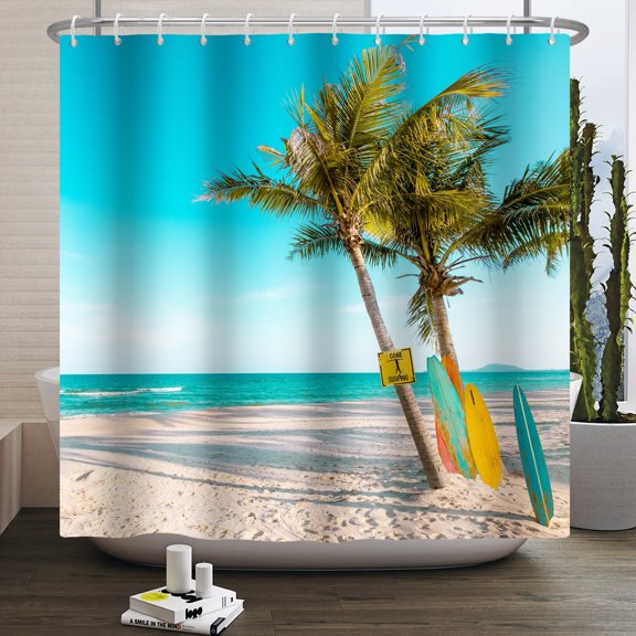 Ocean Beach Shower Curtain Tropical Beach Seaside Coconut Tree Bathroom Curtain,72"x78"