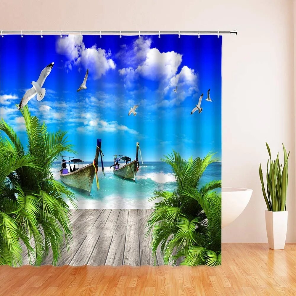 Ocean Beach Shower Curtain Tropical Island Natural Scenery Coconut Tree