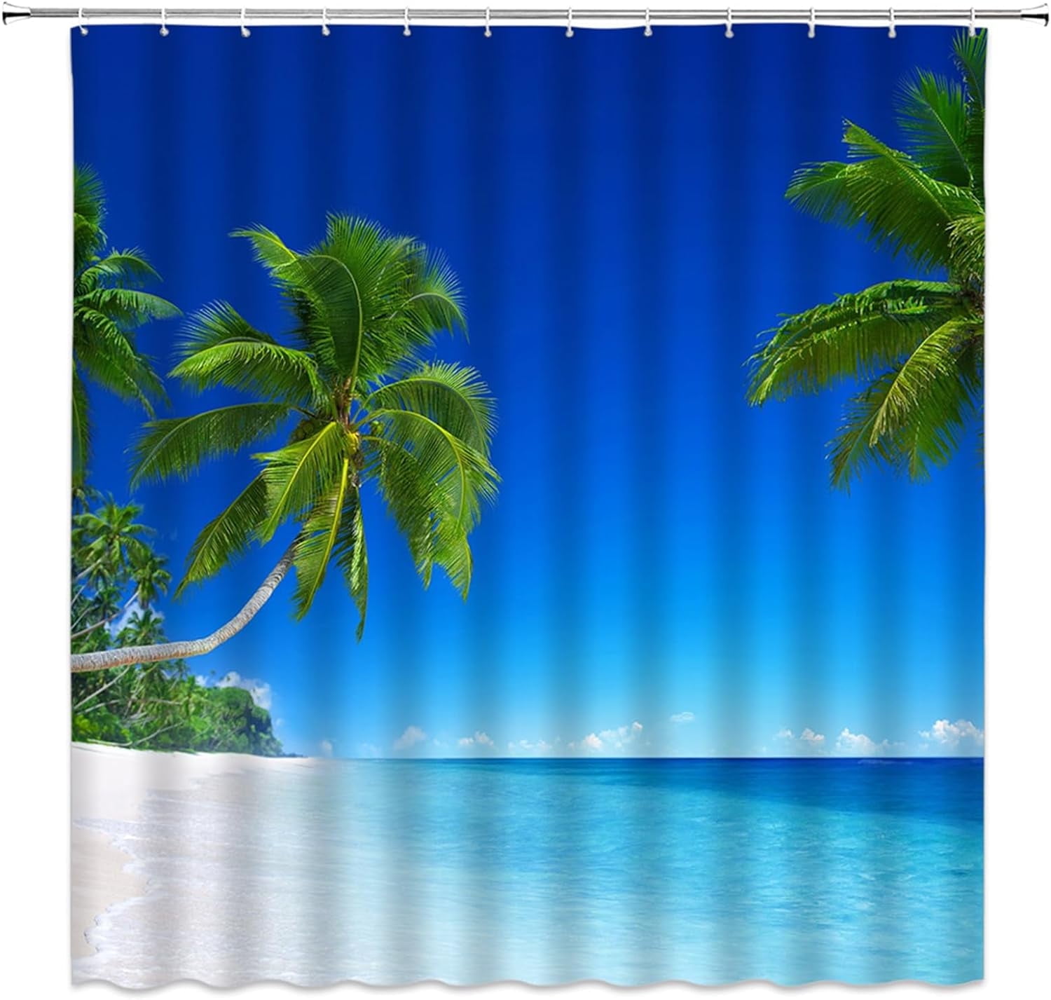 Ocean Beach Shower Curtain Tropical Palm Tree Blue Sea Summer Seaside Landscape Hawaii Nature Seascape Bath Curtain with Plastic hooks