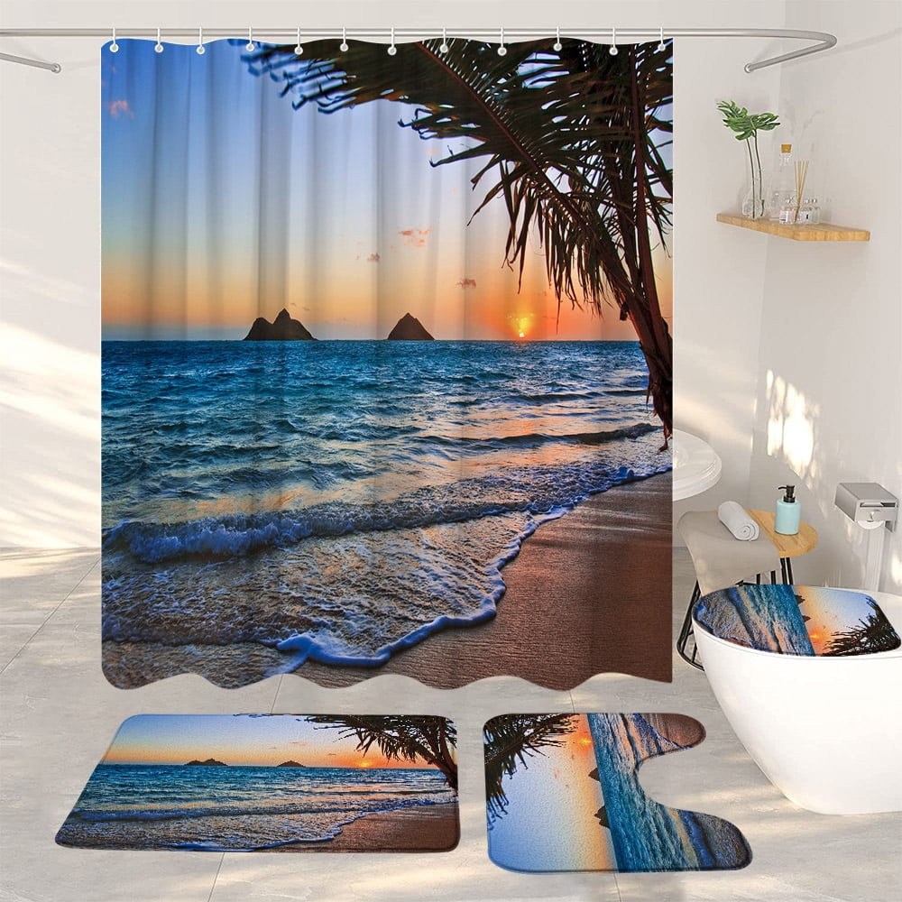 Summer Beach Shower Curtain - Tropical Vintage Seaside Rainforest Green Trees Design, Waterproof Polyester Fabric, 60x72 Inch With 12 Hooks