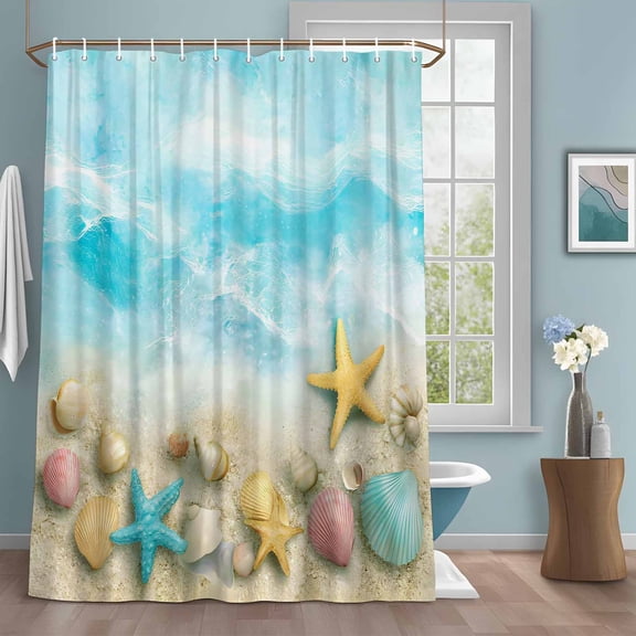 Ocean Beach Shower Curtains for Bathroom, Gradient Blue Ocean Yellow Sea Star Shell Beach Washable Fabric Shower Curtain with Hooks Waterproof Bathroom Decor Sets, 36 x 72 Inches