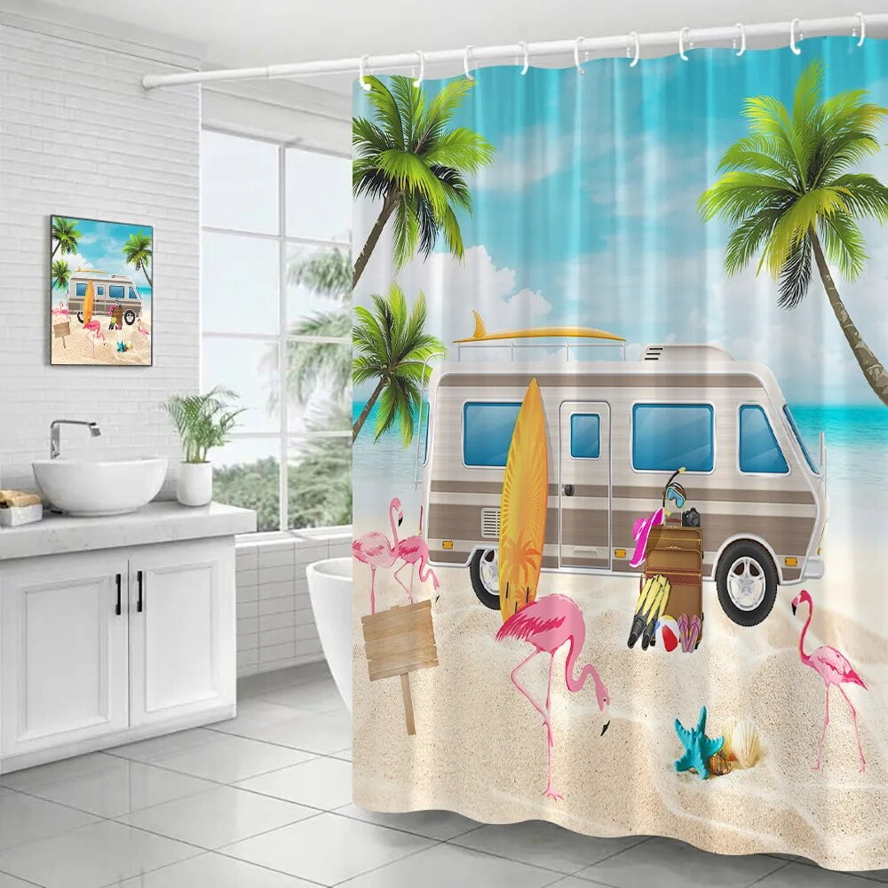 Ocean Beach Shower Curtains Coconut Tree Travel Bus Surfboard Bath