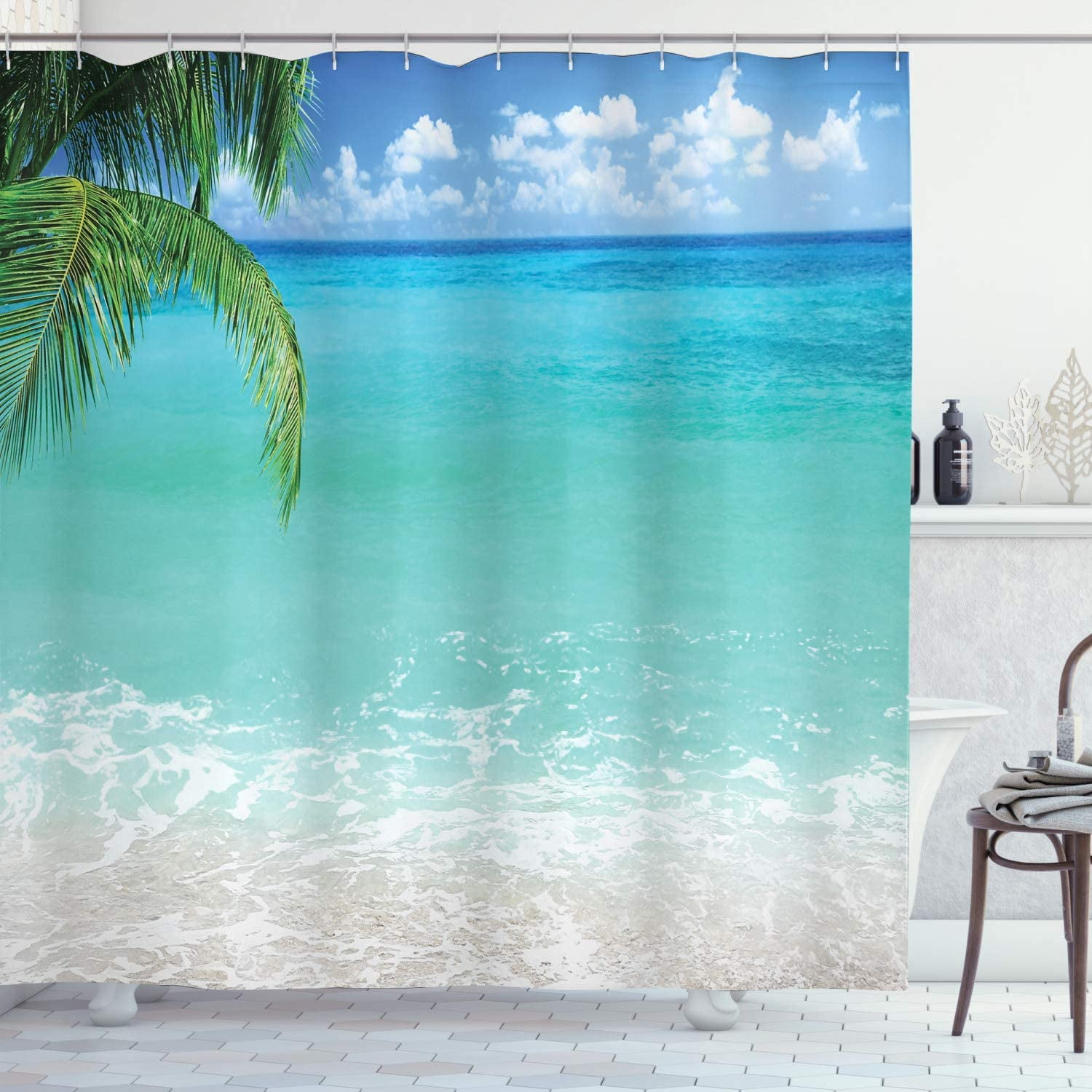 Ocean Beach Shower Curtains Tropical Palm Trees Seaside Nature Landscape Cloth Bath Curtain