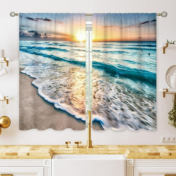 Ocean Beach Small Kitchen Curtains Sea Scene Window Treatment Sunrise Sunset Cafe Short Window Curtains for Bathroom Dining Laundry Room Hawaii Coastal Tier Treatment Drapes 27.5x39 inch