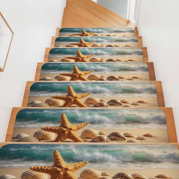 Ocean Beach Stair Treads Non Slip for Steps Summer Sand Starfish Seashell Sea Wave Vintage 10 Pcs Reusable Adhesive Stair Runner Mats for Dogs Elders Carpet Treads Rugs for Staircase 8x30 In