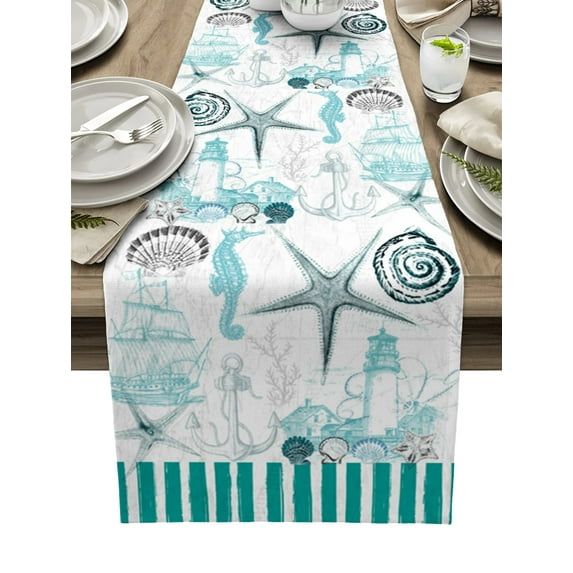Marine Stripes Ocean Shells StarLighthouse Anchor Table Runner Home Wedding Table Mat Centerpieces Decor Dining Tablecloth
