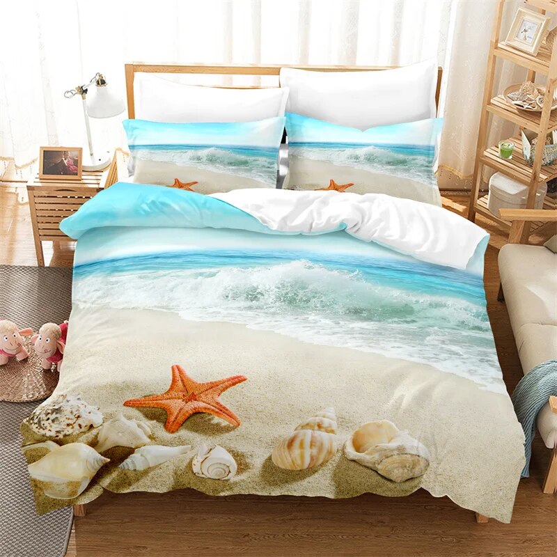 Ocean，Beach Starfish Duvet Cover Set Seaside Bedding Set Queen Size Bed