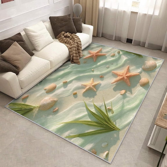 Ocean Beach Starfish Seashell Area Rug, Coastal Marine Pattern Carpet, Washable Non Slip Low Pile Soft Thin, Living Room Bedroom Home Decor Mat 2x3ft