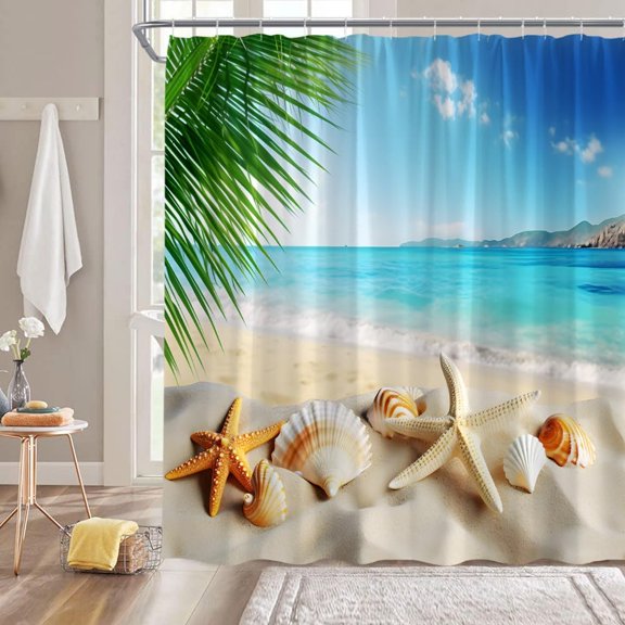 Ocean Beach Starfish Shell Shower Curtain - Blue Sky Nature Scenery, Seaside Landscape, Polyester Fabric with Hooks, Ideal for Coastal-Themed or Nature-Lovers' Bathrooms, Adds a Fresh and Vibrant Touc