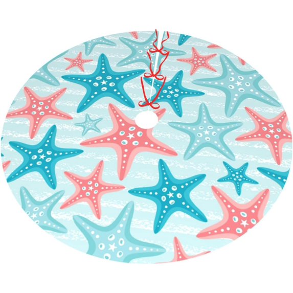 Ocean Beach Starfish Teal Blue Cute Colorful 36 Inch Christmas Tree Skirt Carpet Mat Funny Party Decor Supplies for Xmas Halloween Decorations Occasion Ornament
