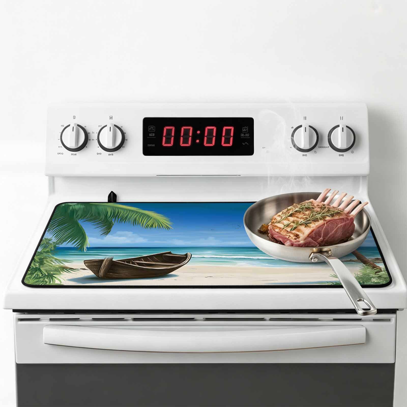 Ocean Beach Stove Top Cover for Electric Stove, Heat-proof & Non Slip Glass Top Stove Cover Protector, Blue Coastal Palm Tree Nautical Sailboat Kitchen Flat Cooktop Rubber Mat 24x21 Inches