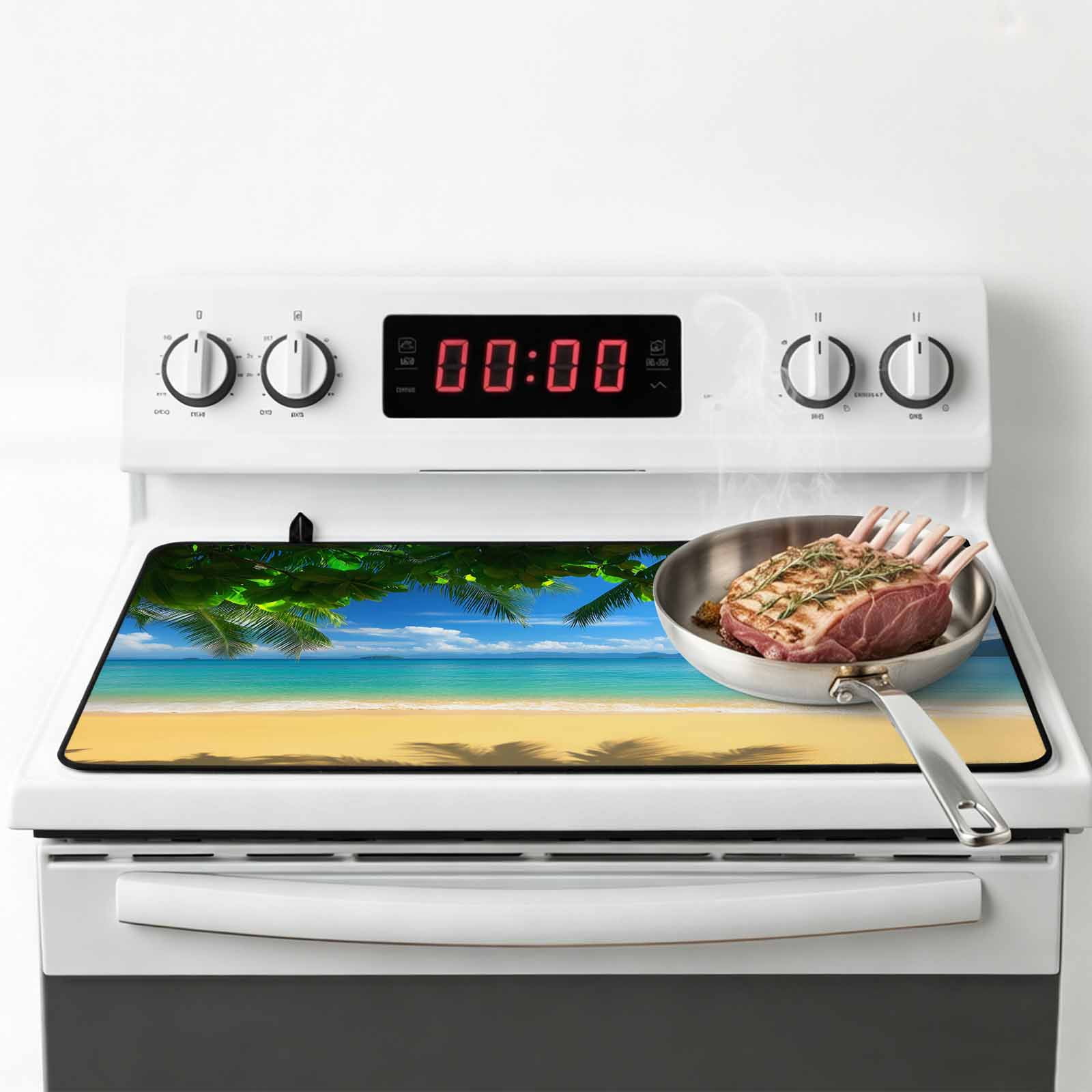 Ocean Beach Stove Top Cover for Electric Stove, Heat-proof & Non Slip Glass Top Stove Cover Protector, Blue Sea Shoreline Coconut Coastal Palm Tree Kitchen Flat Cooktop Rubber Mat 24x21 Inches