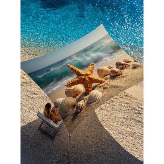 Ocean Beach Sun Shade Sail 12' x 16', Summer Sand Starfish Seashell Sea Wave Vintage Rectangle Outdoor Sunshade Canopy, Waterproof UV Block Patio Covers for Garden Yard Beach