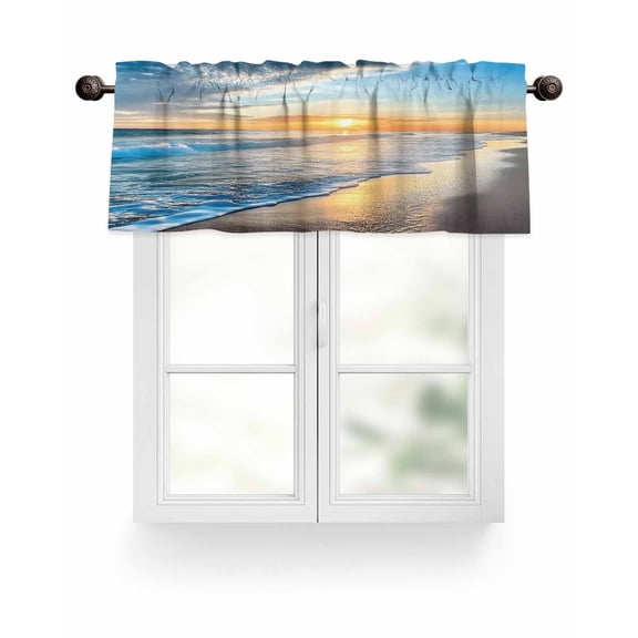 Ocean Beach Sunset Kitchen Valances for Windows Blue Coastal Seascape Valance Curtains&nbsp; for Kitchen /Living Room/Bedroom/ Bathroom Decor, 54"x18 " ,Rod Pocket 1 Panel,