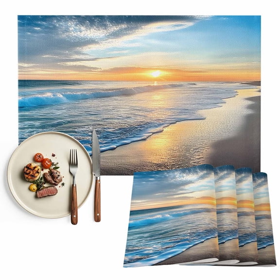 Ocean Beach Sunset Placemats Set of 4, Blue Coastal Seascape Table Mats Washable Heat-Insulation Non-Slip Place Mats for Kitchen Dinner Table Indoor Outdoor Decor,13x19 Inch